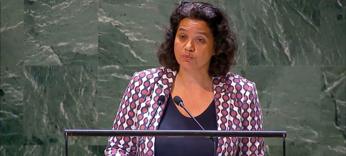 Hedda Samson, Ambassador and Deputy Head of Delegation of the European Union, addresses the UN General Assembly plenary meeting on Russia’s use of its veto to quash a draft resolution aimed at keeping weapons out of outer space.